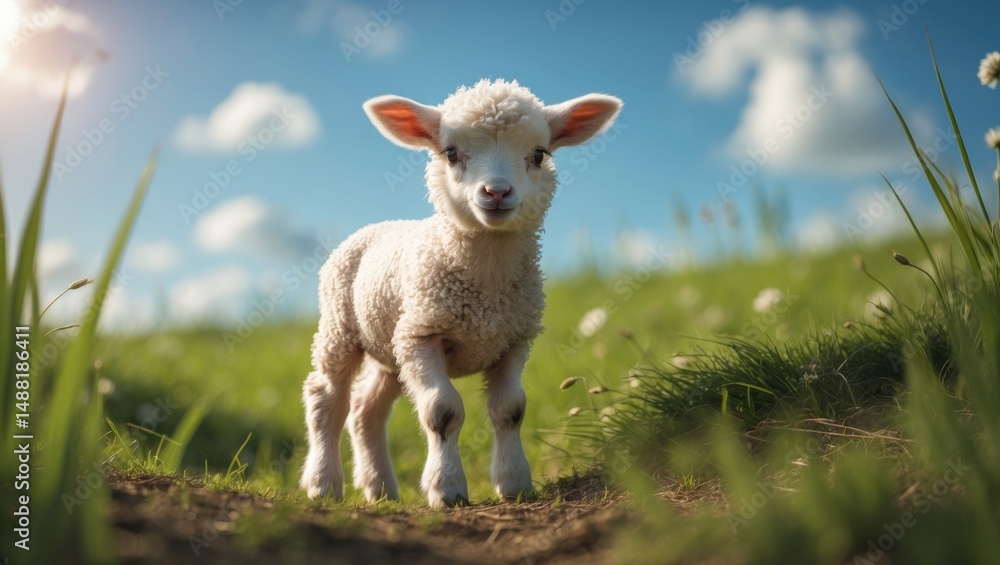 Obraz premium Adorable little lambs in a green grassy meadow.