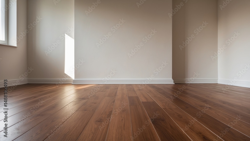 Unfurnished space showcasing a brown wood laminate floor alongside white walls Unfurnished space showcasing a brown wood laminate floor alongside white walls