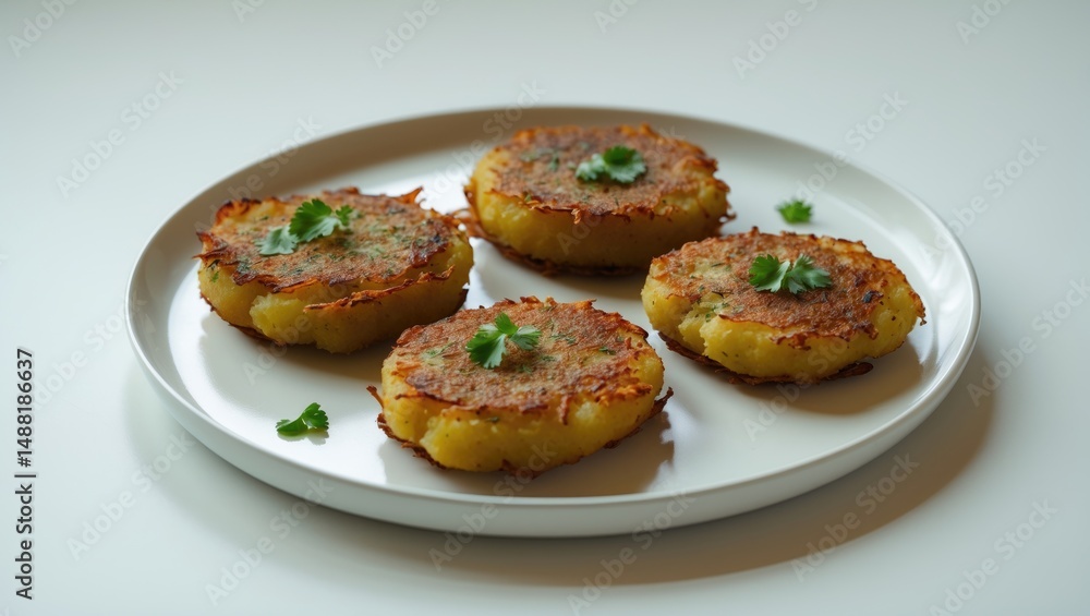 Fototapeta premium Aloo Tikki: Seasoned Boiled Mashed Potato Cutlets or Patties Used in Various Street Food Masala Chaat Snacks, Isolated on White Background with Copy Space