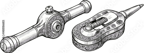 Ornate HandDrawn Illustrations of Two Unique Mechanical Devices - Line Art Illustration Vector