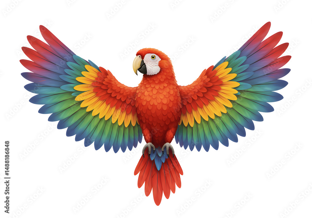 Obraz premium 虹色羽根広げ鮮やか赤鸚鵡飛翔