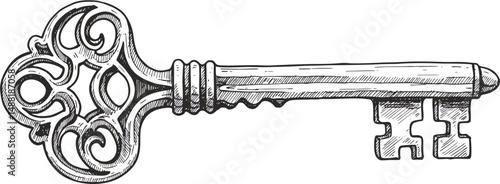 Ornate Vintage Key Drawing in Detailed Style - Line Art Illustration Vector