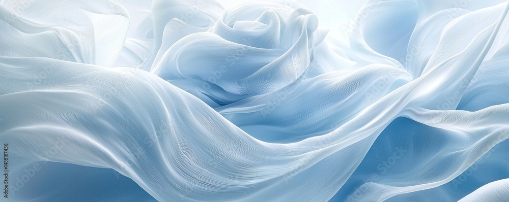 Fototapeta premium Soft, flowing light-blue fabric creates elegant, swirling patterns. Subtle light highlights the texture