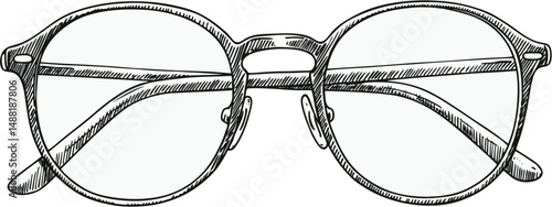 Detailed Round Eyeglasses with Textured Frames - Line Art Illustration Vector