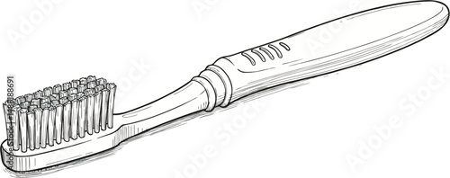 Detailed Classic Toothbrush with Bristles - Line Art Illustration Vector