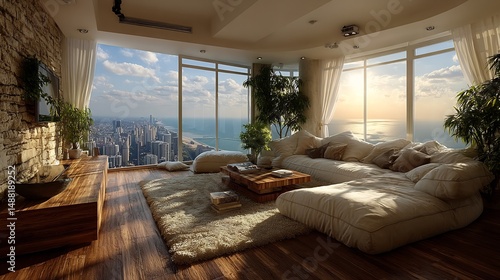 Sunlit high rise apartment interior living room floor ceiling windows minimal decor warm cityscape tone