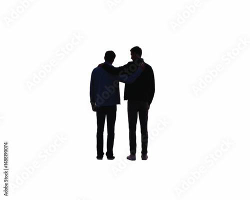 Silhouette of Two Men in Friendship and Support Gesture Vector Illustration