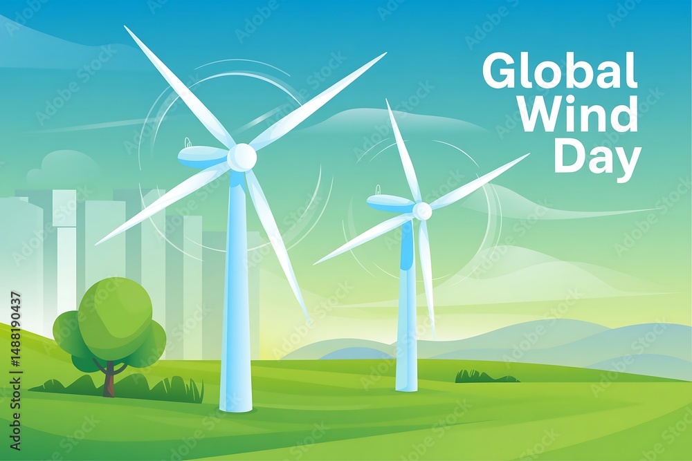 Obraz premium Illustration of wind turbines on green landscape for global wind day celebration event