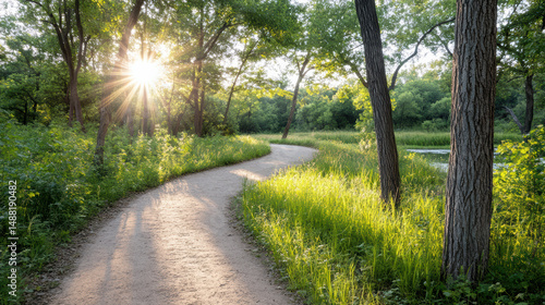 Fototapeta Naklejka Na Ścianę i Meble -  Serene path winding through lush forest with sunlight filtering through trees