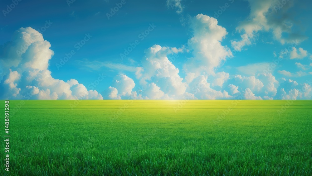 Obraz premium Empty green grass field under a blue sky with white clouds in a gardening and landscape photography used for product background concept.