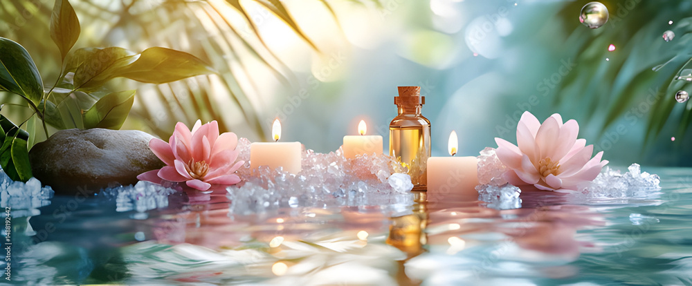 Fototapeta premium Tranquil Spa Setting with Aromatherapy Oils, Candles, and Crystals Reflected on Calm Water