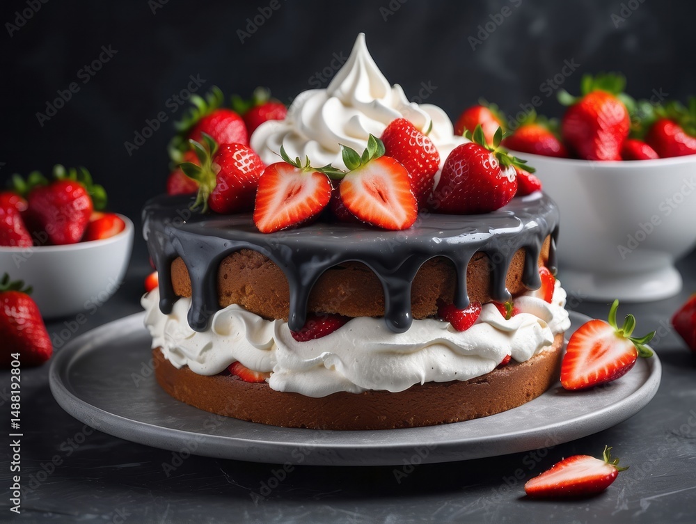 high quality detailed, cake with whipped cream and strawberries high quality detailed, cake with whipped cream and strawberries