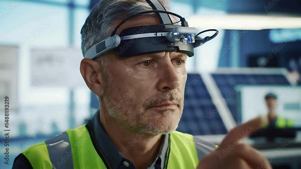 Expert man with headlamp examining solar panels sustainable energy development concept Expert man with headlamp examining solar panels sustainable energy development concept