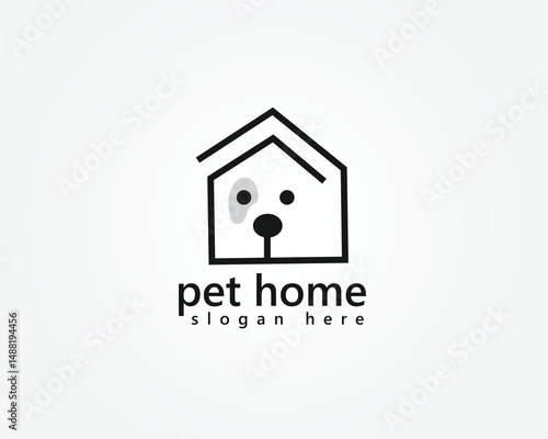 pet house logo, creative dog face inside striped house, abstract logo design inspiration