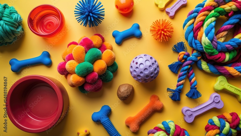 Overhead view of pet accessories arranged on a vibrant surface. Overhead view of pet accessories arranged on a vibrant surface.