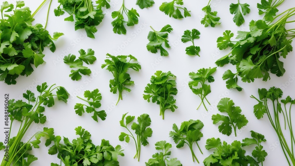 Obraz premium Wide-angle view of freshly cleaned cilantro displaying individual leaves and stems in detail