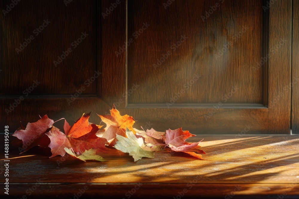 Obraz premium Autumnal maple leaves in warm light on wooden panel background, showing seasonal color and beauty.