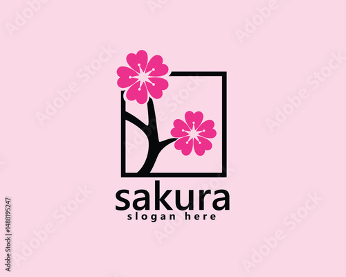 sakura logo, creative cherry tree with two flowers blooming in a frame logo design inspiration