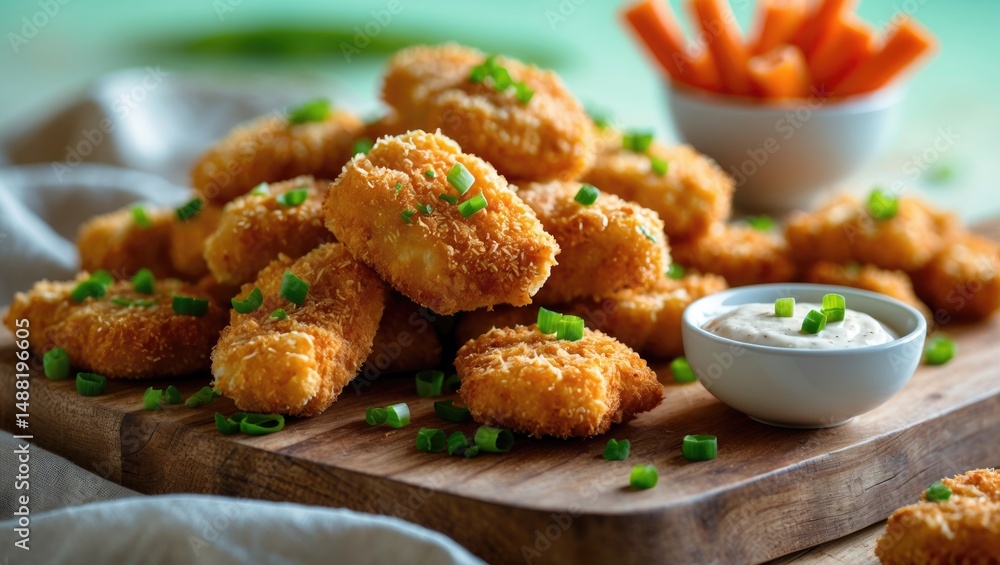 Fried chicken nuggets coated in breading served on a wooden board with a small bowl of dipping sauce Fried chicken nuggets coated in breading served on a wooden board with a small bowl of dipping sauce