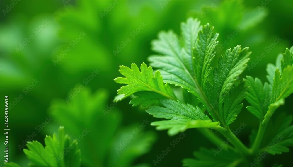 Close-up of parsley, showing delicate leaf structure and vein details , cooking, detail Close-up of parsley, showing delicate leaf structure and vein details , cooking, detail
