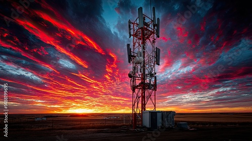 Vibrant sunset behind telecommunications tower in wide open landscape