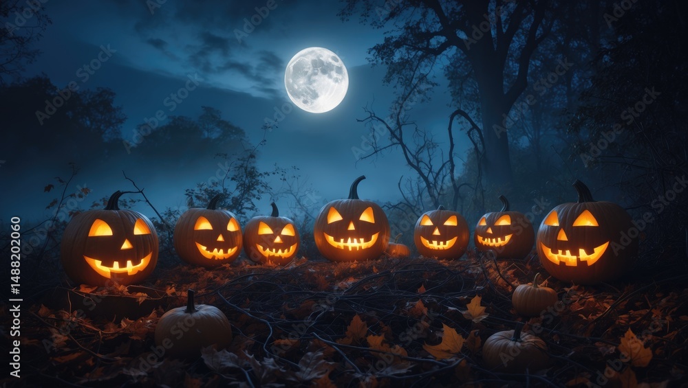 Fototapeta premium Glowing Jack o' lanterns in a Halloween atmosphere illuminated by the moon.