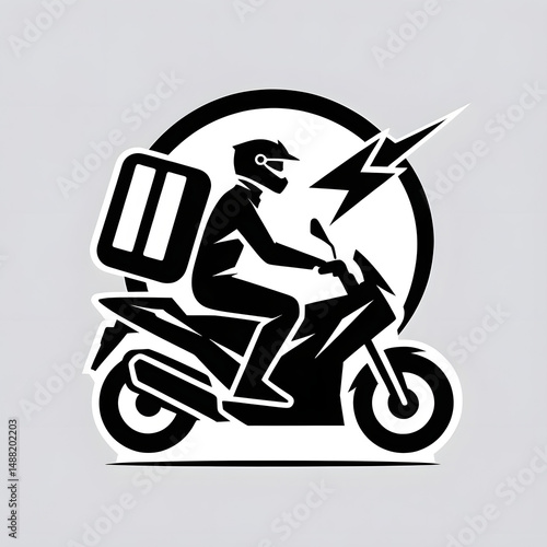Speedy Delivery Emblem: A dynamic black and white emblem showcases a motorcycle courier zipping along, symbolizing swift service and efficient transport.