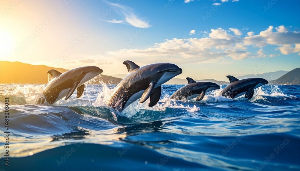 Fototapeta premium Dolphins Leaping at Sunset Ocean