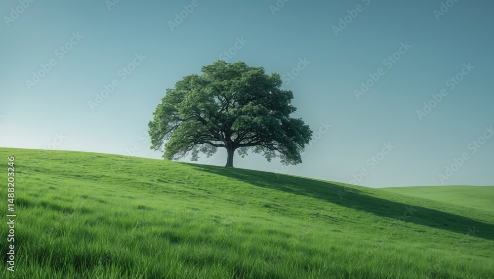 Single tree standing in the green land with blue sky during summer Single tree standing in the green land with blue sky during summer