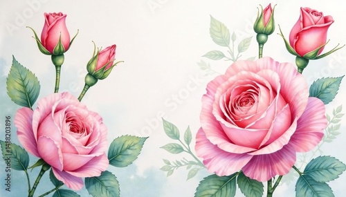 Delicate watercolor roses & buds, soft pastel hues, delicate, spring, roses
