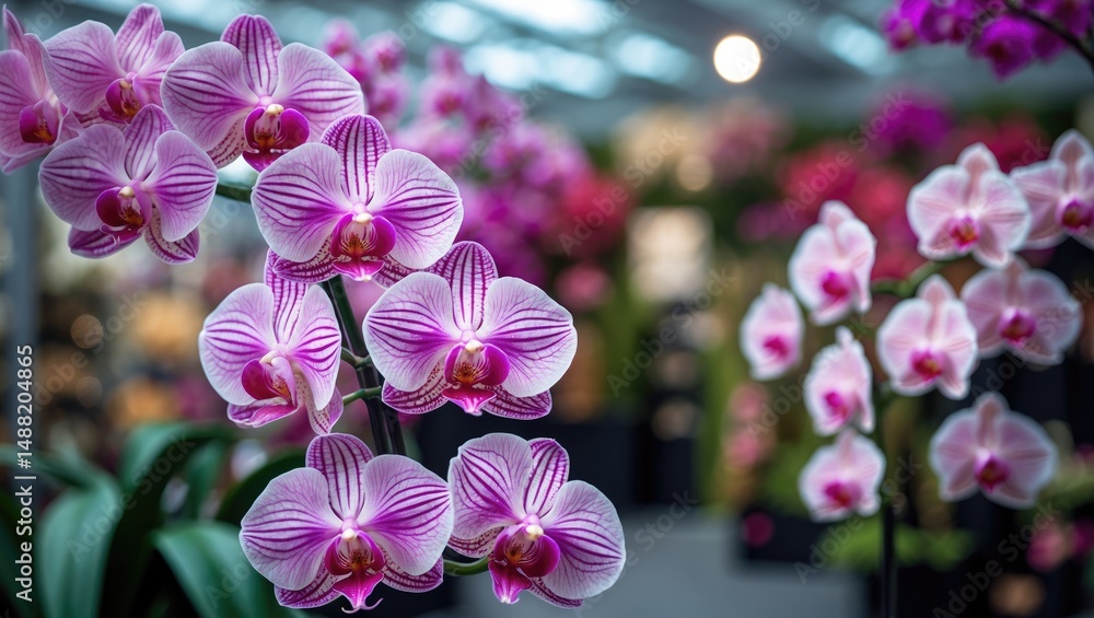 Fototapeta premium Imitation Orchid Flowers. Soft Focus Background. Showroom Environment.