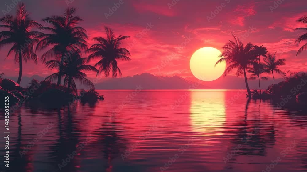 Vibrant tropical sunset over a serene beach with palm trees Vibrant tropical sunset over a serene beach with palm trees
