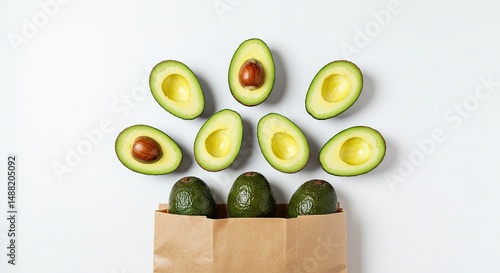 Fresh Avocados in Paper Bag on White Background
