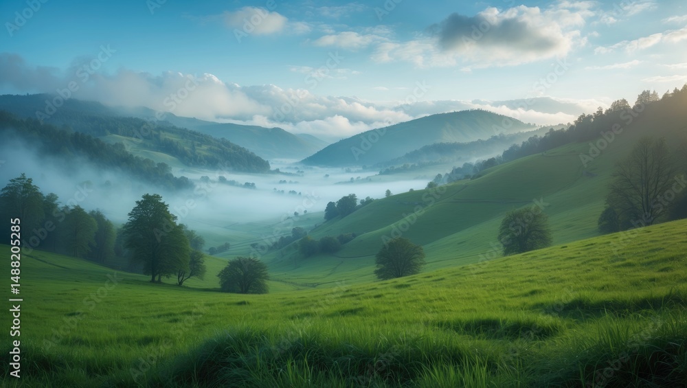 Obraz premium Meadow in the mountains illuminated by light. Rural scenery featuring a valley shrouded in fog beyond the forest on a grassy slope. Soft clouds against a clear sky. Concept of natural freshness.