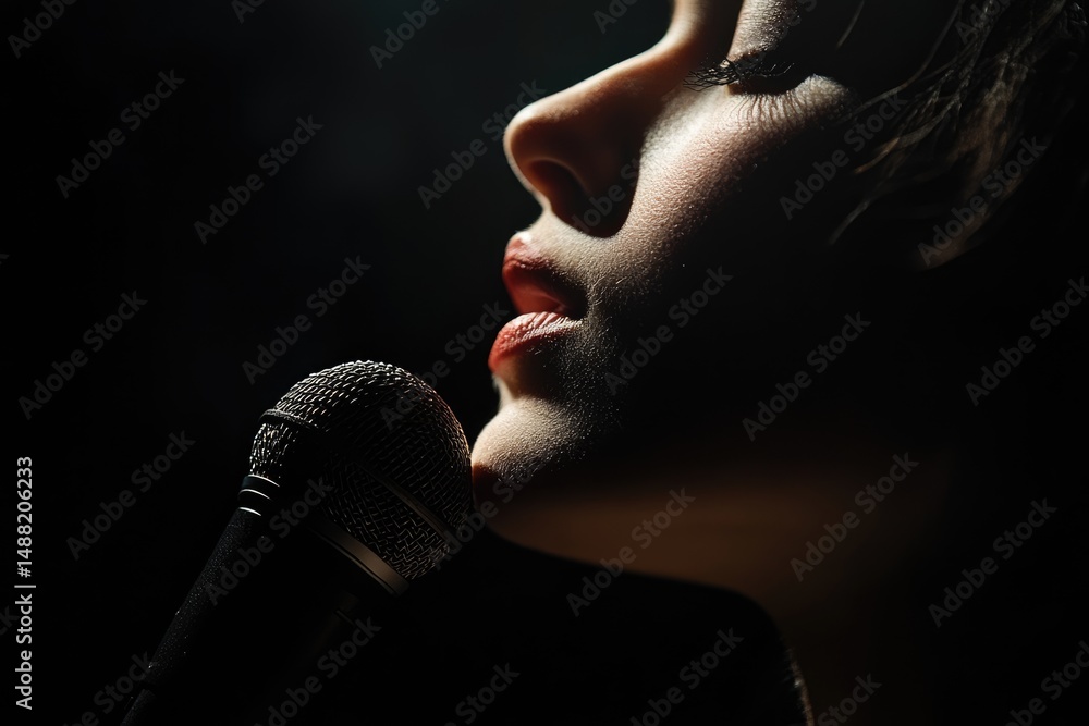 custom made wallpaper toronto digitalClose-up of a woman with closed eyes singing into a microphone in dark light.