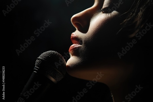 Wallpaper Mural Close-up of a woman with closed eyes singing into a microphone in dark light. Torontodigital.ca