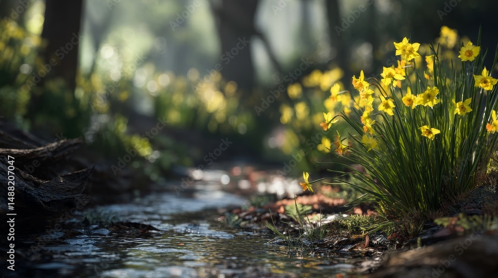 Fototapeta premium Daffodil creek, photorealistic, sunlight, macro lens, defocus