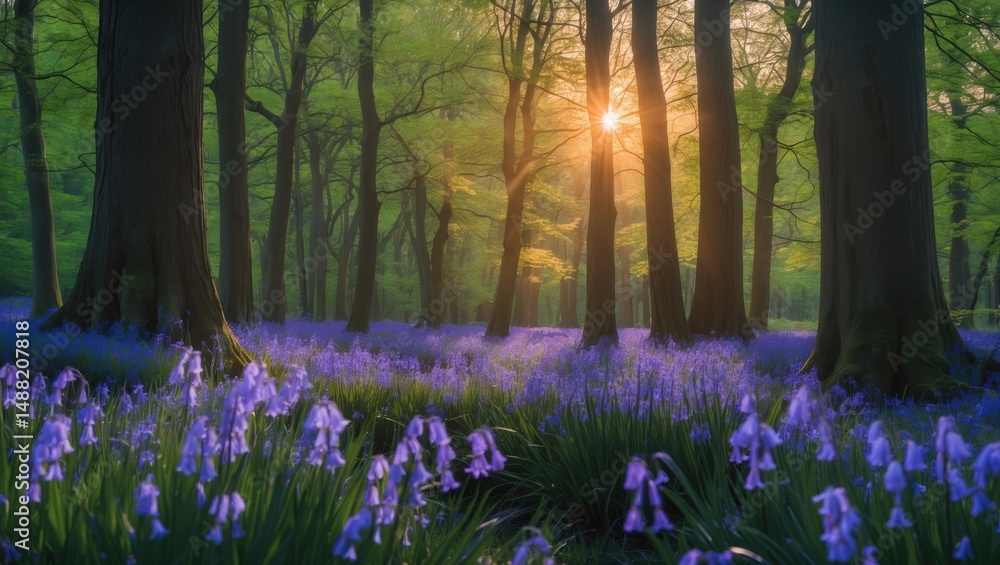 Obraz premium Morning sunlight filters through trees onto bluebells in a peaceful spring forest. Beautiful natural landscape.