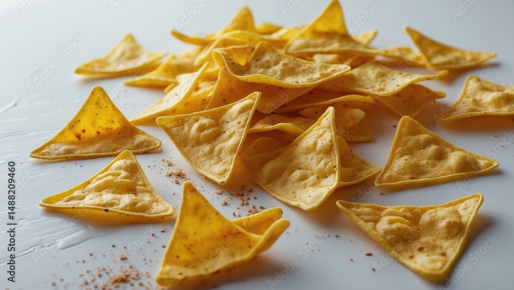 Flying nacho chips, appetizing and isolated on a white surface Flying nacho chips, appetizing and isolated on a white surface