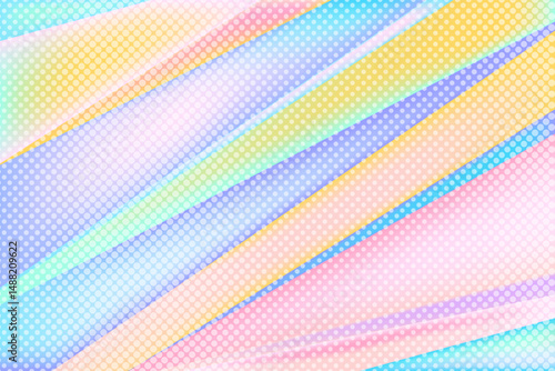 Pastel halftone background with diagonal stripes. Bright pastel backdrop in rainbow tones covered by halftone dots texture. Pastel faded stripes vector design.