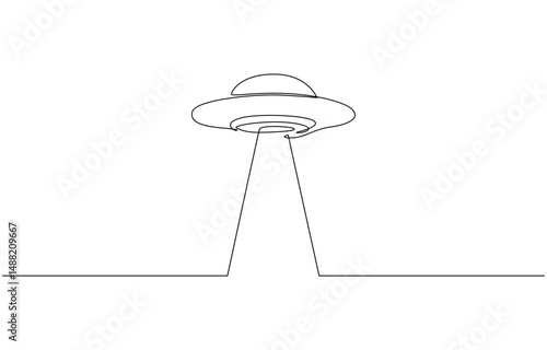 Continuous line drawing of UFO. One line of outer space concept, One continuous line of UFO vehicle vector .Vector illustration of minimalist style on a white background.