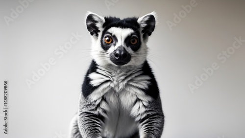 Adult male black and white ruffed lemur portrait with a smooth backdrop