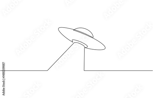 Continuous line drawing of UFO. One line of outer space concept, One continuous line of UFO vehicle vector .Vector illustration of minimalist style on a white background.