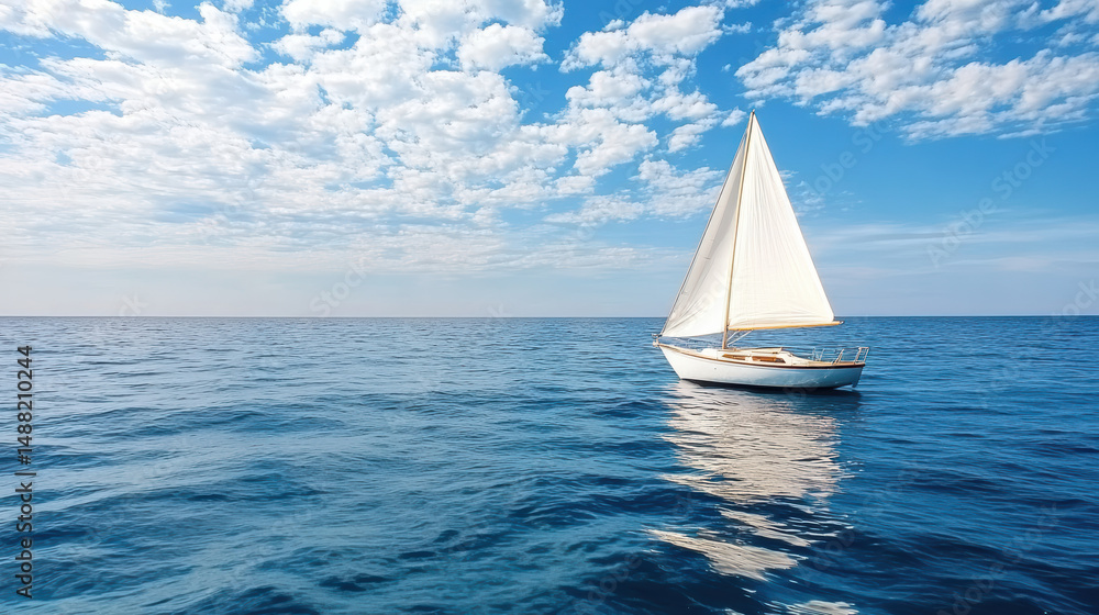 Obraz premium Serene sailboat glides across calm ocean under bright blue sky
