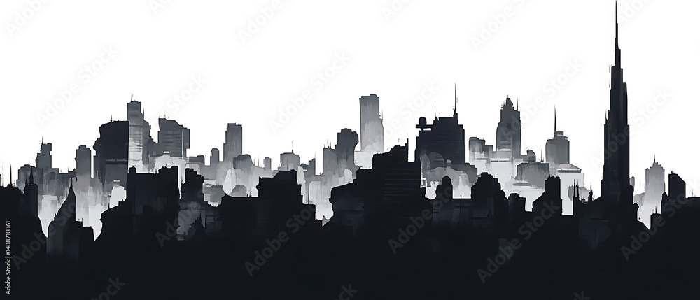 Fototapeta premium Cityscape Silhouette, Urban Skyline, Dark Gray Buildings on White, Architectural View