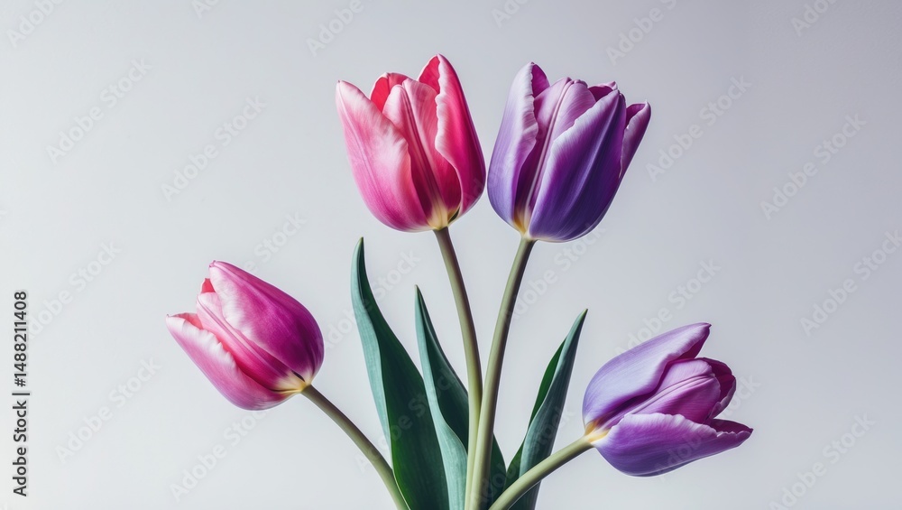 Tulips displayed as a floral composition against a white backdrop Tulips displayed as a floral composition against a white backdrop