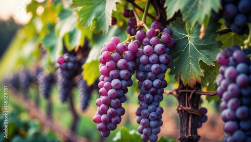 Close-up of fresh concord grapes growing on a grapevine in a vineyard