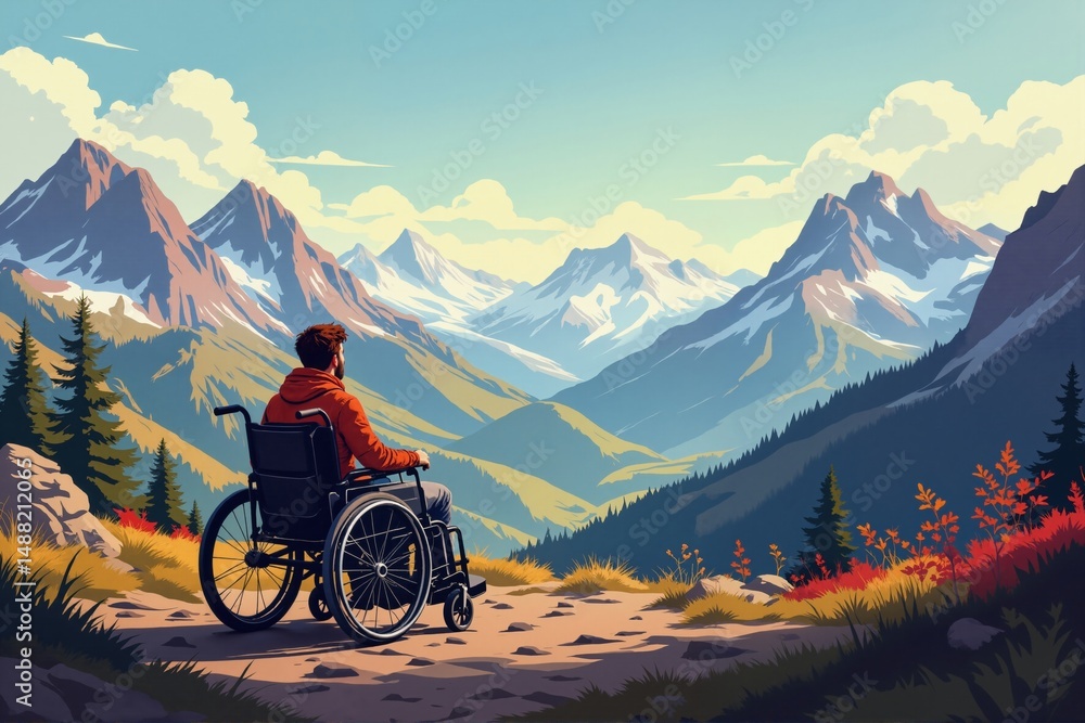 Fototapeta premium Person in wheelchair, transport, overlooking breathtaking mountain landscape, vibrant colors, sense of freedom. Concept of adventure featuring person in wheelchair against scenic backdrop.