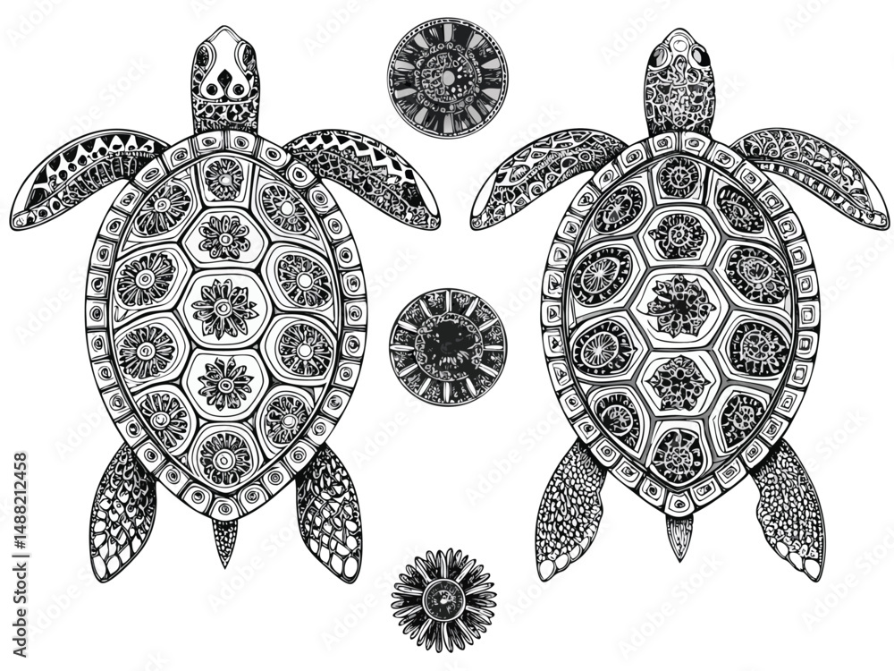 Fototapeta premium Stylized Sea Turtle Vector Set – Black and White Collection