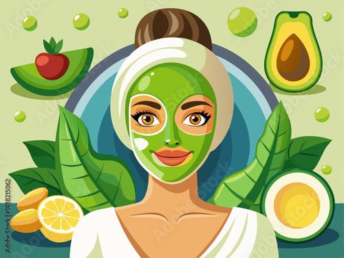 A flat vector of a woman with a green avocado mask on her face and a towel wrap. White background, natural skincare at home